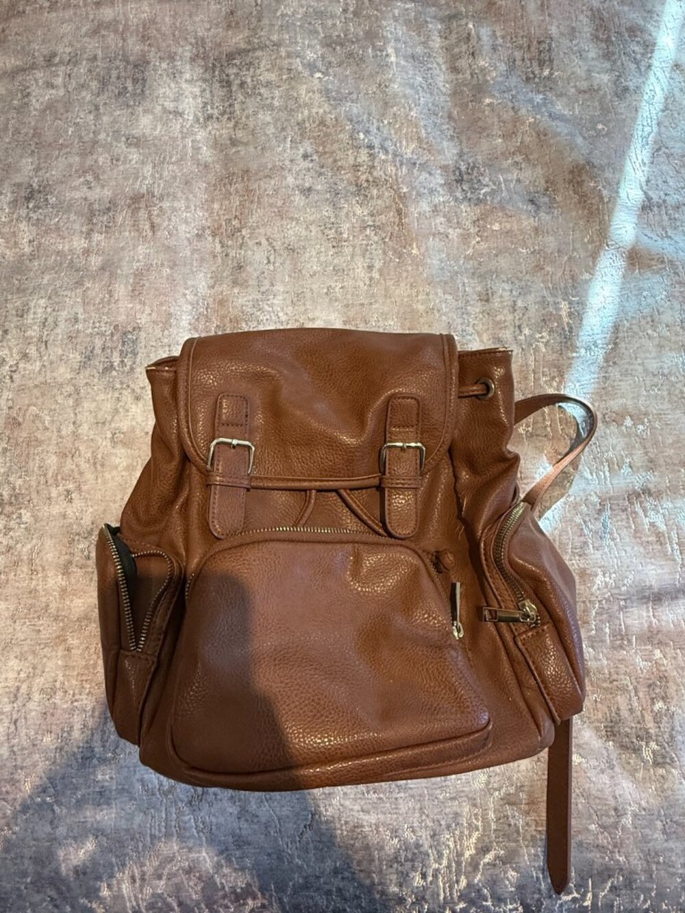 Forever 21 Brown Faux Leather Backpack | Buckle Detail | Gold Hardware | OS